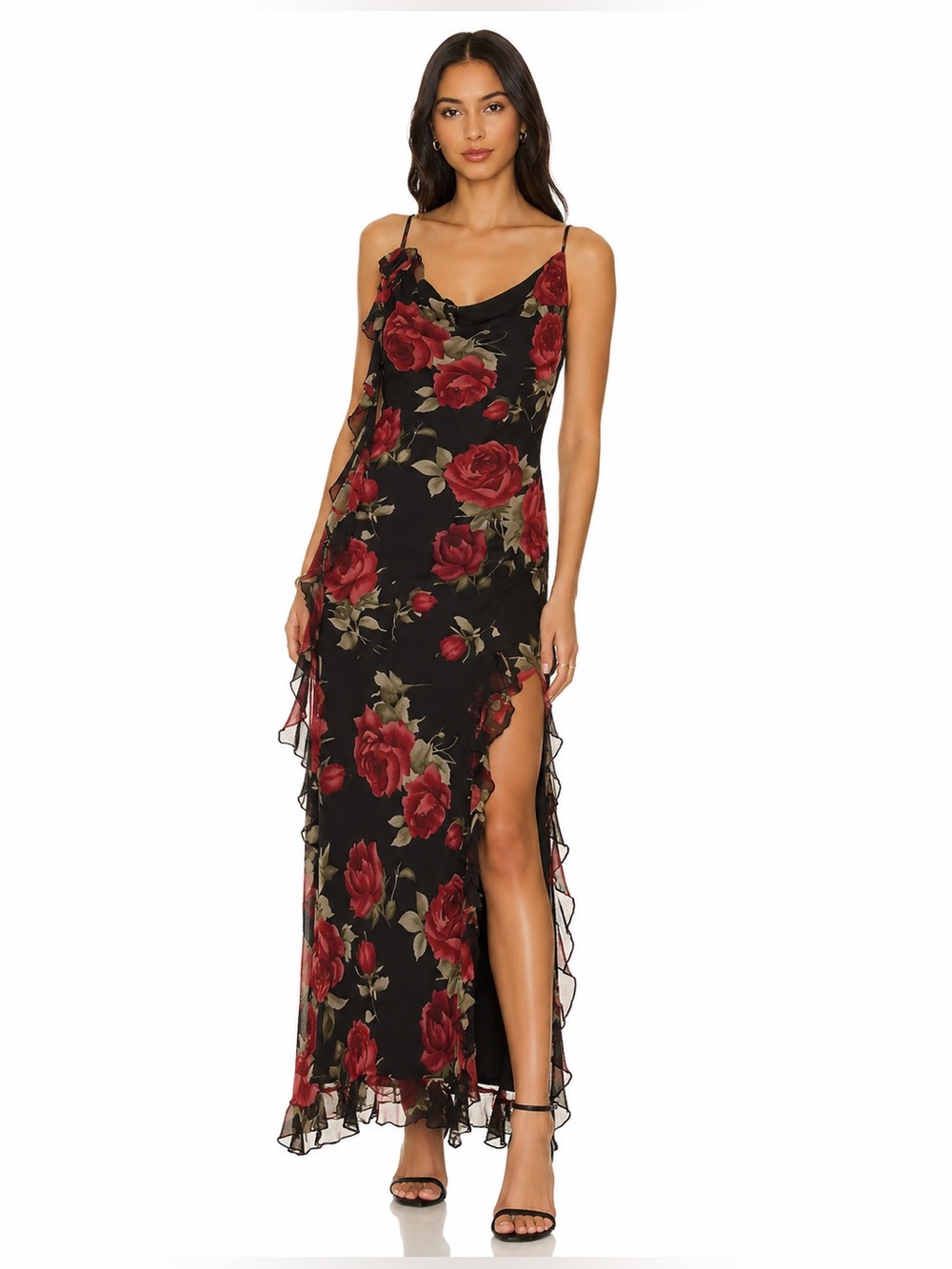 AQUA by Bloomingdale’s Black Mesh Rose Print Ruffle Long Dress